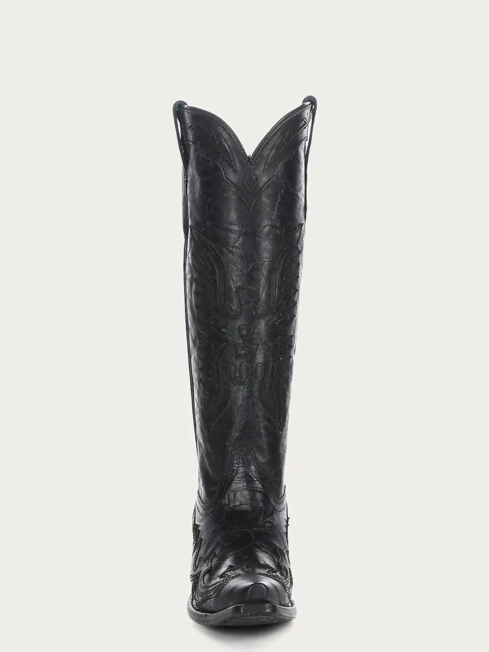 A4047 - WOMEN'S BLACK EAGLE EMBROIDERY VINTAGE BLACK GOAT TALL TOP SNIP TOE COWBOY BOOT