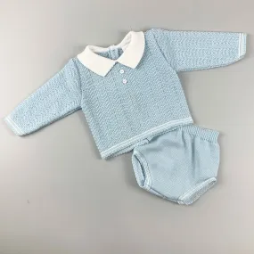 Baby Boys 2 Piece Knitted Outfit- Jam Pants and Top- Blue