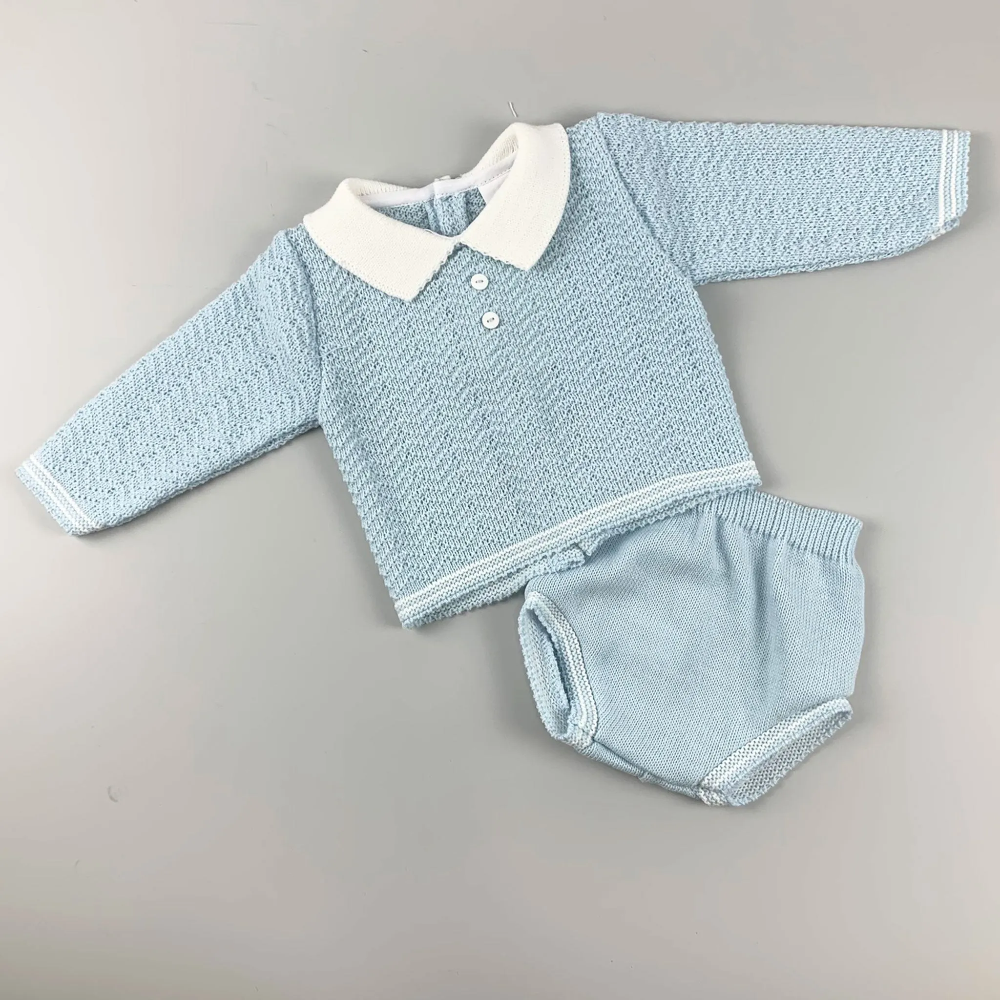 Baby Boys 2 Piece Knitted Outfit- Jam Pants and Top- Blue