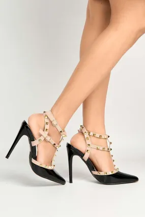 Paya Pointed Toe Studded  Ankle Strap Court Shoes in Black Patent